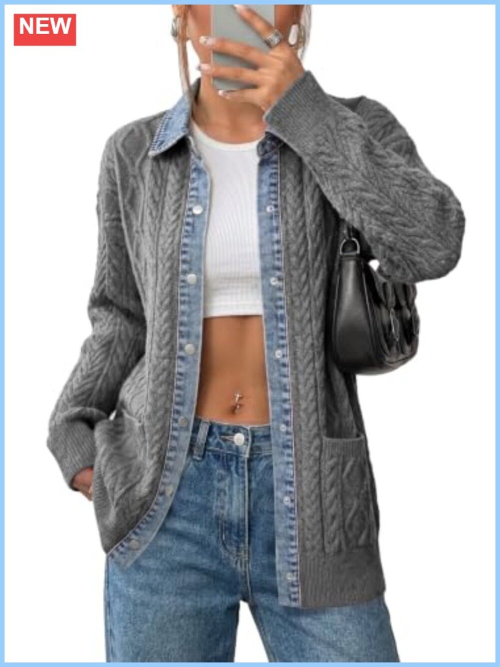 Cable Knit Denim Collar Button Front Cardigan Sweater with Pockets